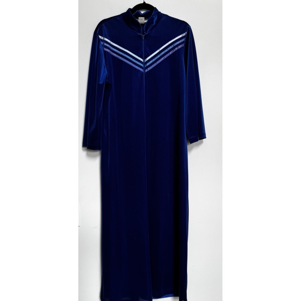 Vtg Blue Velour House Coat Robe M Zip Long Sleeves Cozy Modest Full Length Long